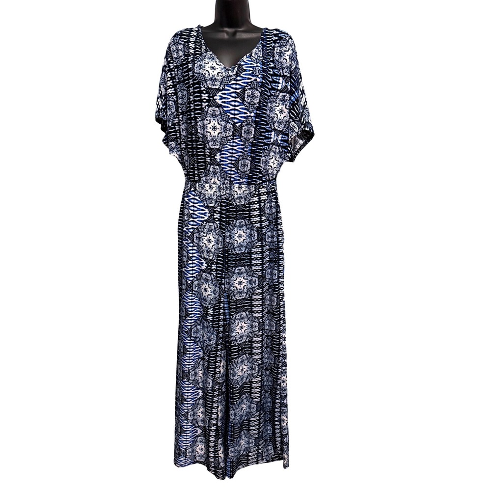 Kimberly.e Blue Geometric Print Wide Leg Jumpsuit V-Neck Keyhole Back Medium